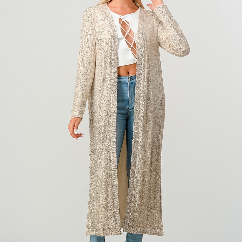 NEW BEIVY maxi long sequins cardigan sweater duster wrap SM-LG beige/silver